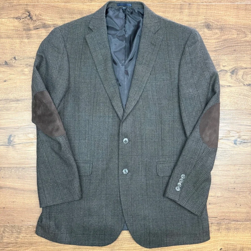 Jos A Bank Men 41R Blazer Jacket Wool Glen Plaid‎ Elbow Patch Academia Tailored